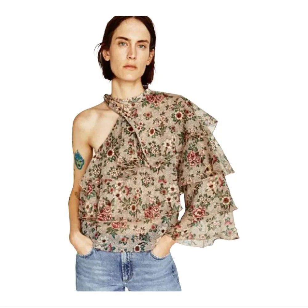 Zara XS One Sleeve Floral Ruffle Blouse